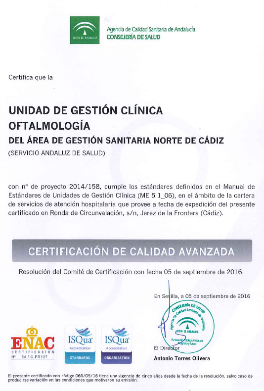 Certificado ACSA UGC Oftalmología